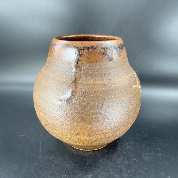 1997 Hand Made Primitive Style Pottery Vase Vessel Carved Brown Drip Glaze Vase - Picture 15 of 16